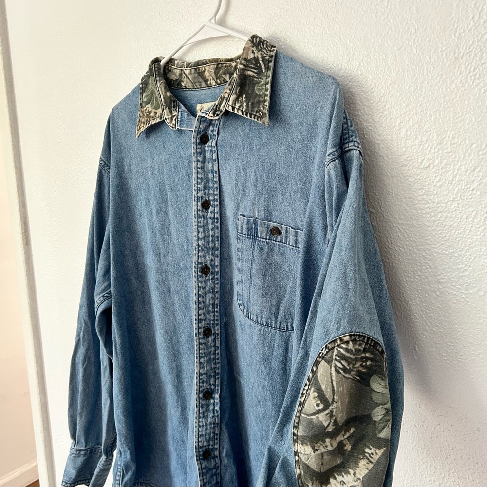 Cabela's Blue Denim Shirt with Camouflage Accents